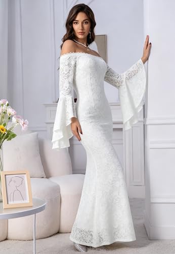 Image of HOYISHION Women's Off The Shoulder Floral Lace Maxi Dress White Bridesmaid Wedding Party Maternity Photoshoot Long Dresses