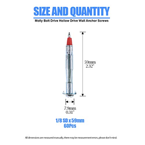 Glarks 60Pcs Heavy Duty 1/8 Inch 59Mm Zinc Plated Steel Molly Bolt Drive Hollow Drive Wall Anchor Screws Set (1/8Sldx59Mm) #TOP1