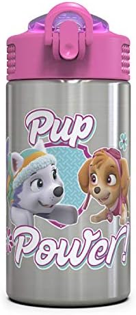 Zak Designs Paw Patrol Skye - Stainless Steel Water Bottle with One Hand Operation Action Lid and Built-in Carrying Loop, Straw Spout is Perfect for Kids (15.5 oz, BPA-Free)