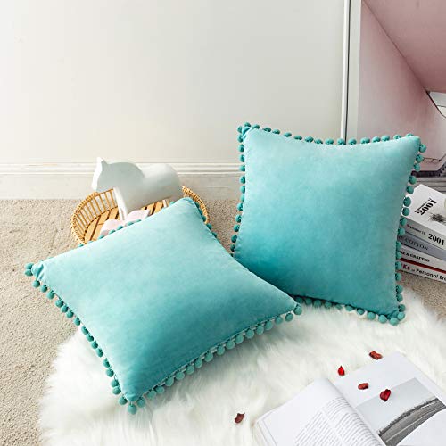 Miulee Pack Of 2 Decorative Pillow Covers Soft Boho Velvet Throw Pillow Covers With Pom-Poms Cute Solid Square Couch Cushion Cases Set For Bed Sofa Living Room Girls Child 18X18 Inch Teal Green #TOP1