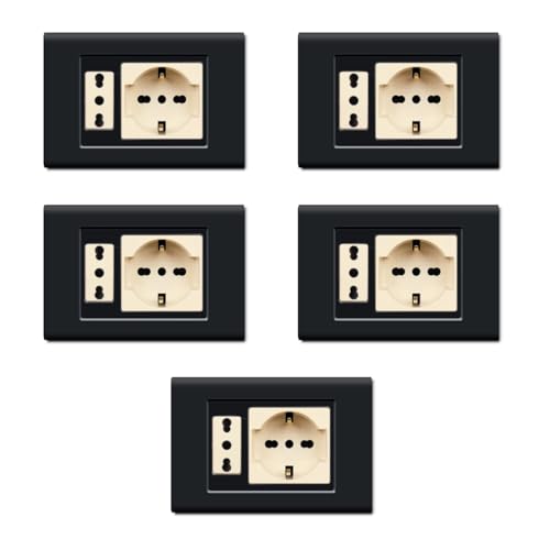 Paquete de 5 placas de tecnopolímero, compatibles con Bticino Magic, 2 módulos/plazas, individual y doble, Schuko, unel, negro, alta calidad, diseño clásico, para interruptores/enchufes