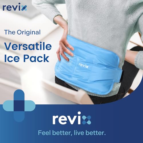 Image of REVIX Ice Pack for Injuries Reusable Gel for Lower Back & Shoulder, Blue | 16x9in Full Coverage for Lower Back, Shoulder, Hip & Knee, Cold Compress Therapy, Hands-free Strap, Long-lasting Gel