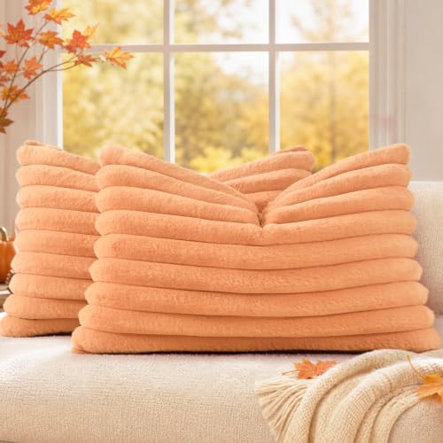 Image of decorUhome Fall Faux Fur Throw Pillow Covers 12x20 Set of 2 Light Orange