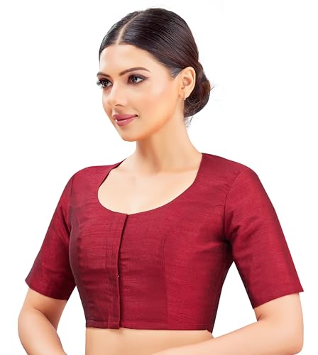Image of Studio Shringaar Womens Basic Polyester Short Sleeves Textured Plain Coloured Art Silk Saree Blouse
