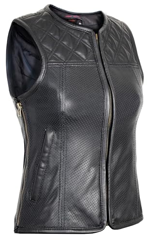 Gilet Femme Noir en Cuir Véritable Perforé avec Matelassage Carreaux, Fermeture Zippée, et 4 Poches - Veste Moto Femme sans Manches Slim Fit (FR/ES, Alpha/Lettres, S, Taille Normale, Taille Normale)