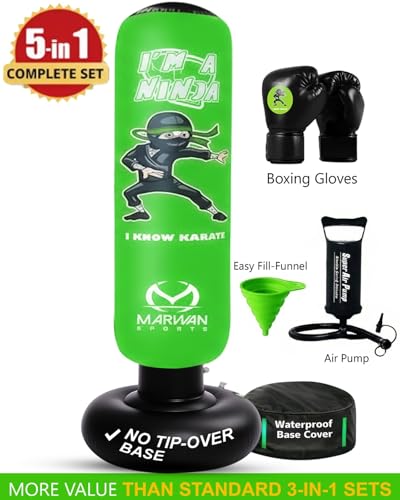 Image of Marwan Sports Ninja Kids Punching Bag - Inflatable Sensory Toy & Birthday Gift for Boys & Girls Ages 4-12, 63 inch Freestanding 5-in-1 Kit, Indoor Apartment-Quiet Sensory-Friendly Active Play