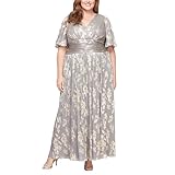 S.L. Fashions Women's Long A-line Mother of The Bride Dress with Ruched Waist (Plus Size), Smoke/Gold, 18W