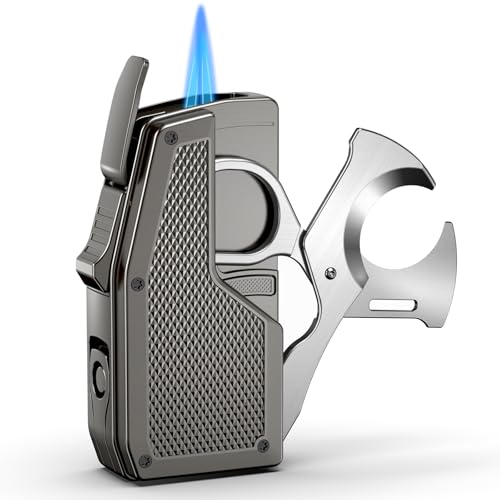 FANKAI Cigar Lighter, 3 in 1 Butane Torch with Cutter & Punch, Refillable Windproof Lighters with Dual Jet Flame & Fuel Level Window, Cigar Gift for Men