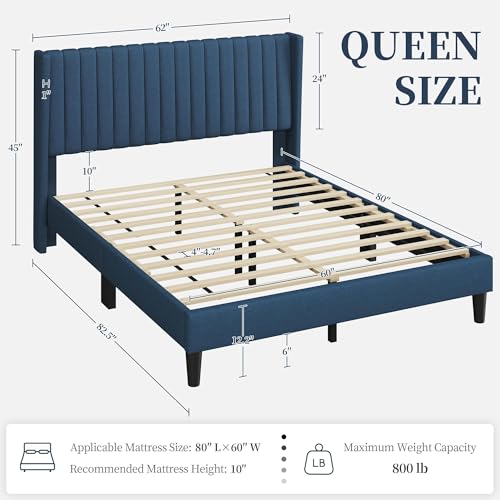 Image of Yaheetech Queen Bed Frame with Headboard, Navy Blue Channel-Tufted Platform