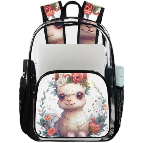 Beautiful Alpaca Flower Watercolor Clear Backpack Stadium Approved PVC Backpacks for Adults Heavy Duty Clear Bag for Work Security Travel College