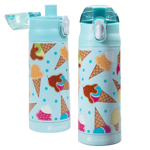 Image of Bentology Stainless Steel 13 Oz Reusable Water Bottle for Kids, Ice Cream | Double Wall Insulated, Spill Proof Lid W /Built-in Straw- Keep Liquids Hot or Cold- Easily Fits in Lunch Boxes & Bags