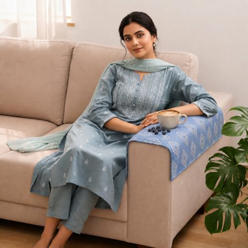 Image of STITCHNEST 'Verdant Rekhika Stories' Sofa Armrest Cover | Elegant Jacquard Fabric, Washable & Durable for Modern Living (18 x 22 Inches)