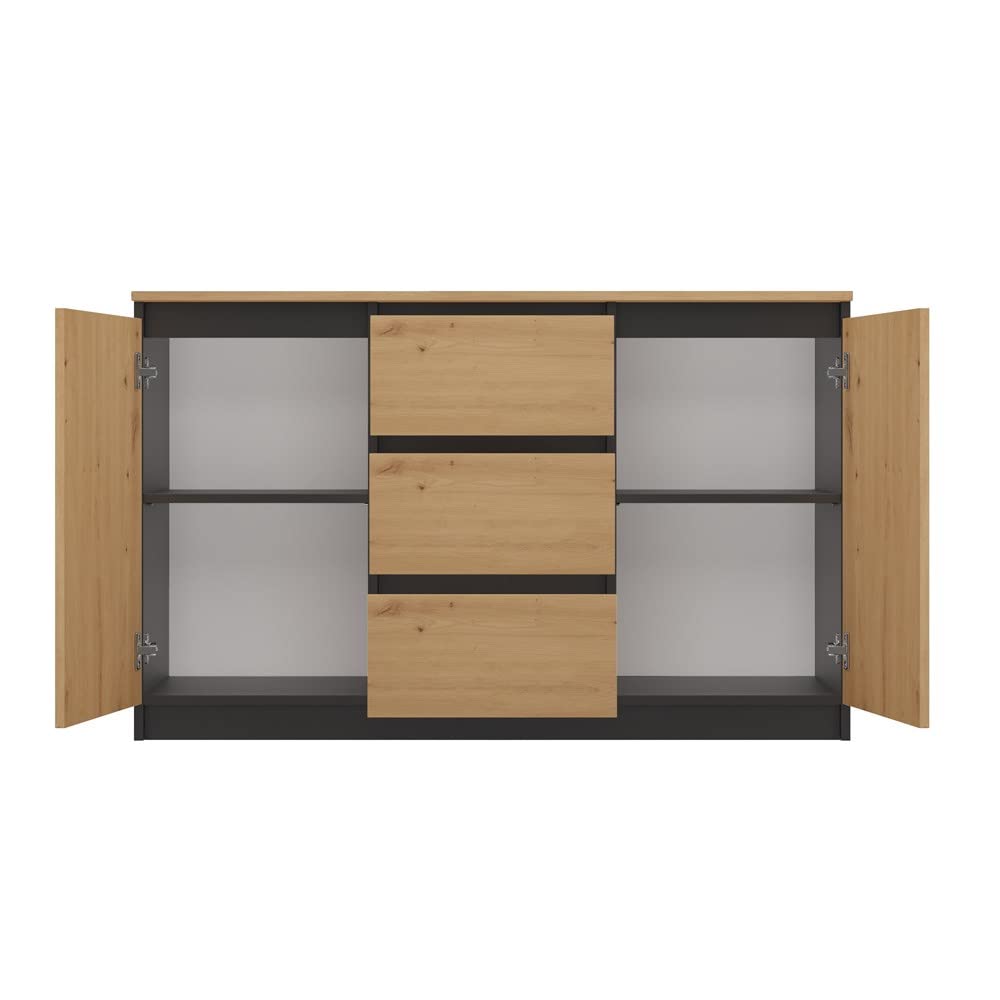 VBChome Kommode mit 2 Türen und 3 Schubladen 120 x 40 x 75 cm Eiche Aritsan - Antrazit Grifflose Schubladenkommode Mehrzweckschrank für Flur Schlafzimmer Wohnzimmer Kinderzimmer Eiche Aritsan-Antrazit