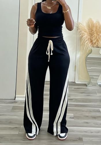 Unybwonn Women High Waist Wide Leg Sweatpants Straight Leg Elastic Waist Pants Casual Striped Pants with Drawstring3
