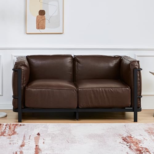 Image of 2 Piece Living Room Sofa set, Mid-Century Modern Upholstered Couch Chair Faux Leather Sofa Couch with Iron Frame and Upholstered Armrest Backrest Cushion for Living Room, Office, Apartment (Brown)