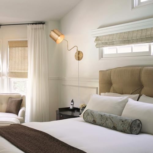 Image of Brass Plug in Wall Sconce, Large Adjustable Swing Arm Wall Light Fixture Modern Gold Wall Sconces for Living Room Up Down Hollow Lampshade Bedroom Wall Mount Lamp