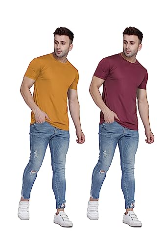 Image of TQH Men Dri Fit Polyester Half Sleeve Round Neck Multicolor t Shirts - Combo Set of 2