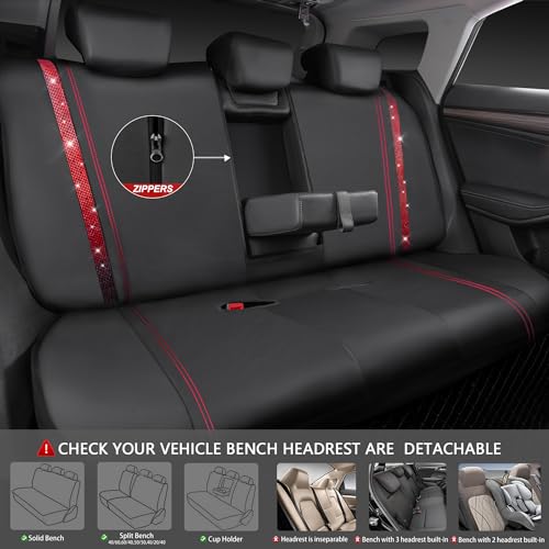 Image of CAR Pass Bling Car Seat Covers Full Set, Shining Rhinestone Diamond Waterproof Faux Leather, Rear with Zipper, Universal Fit Automotive Glitter Crystal Sparkle Strips for Women Girl, Black Red