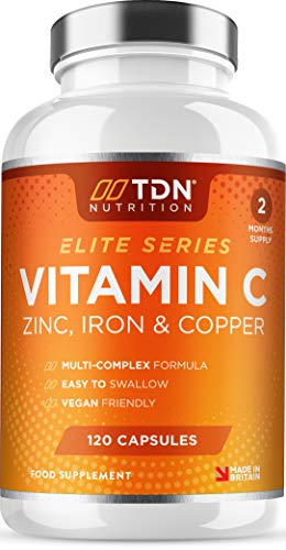 Vitamin C Complex - 1000mg Vitamin C Plus Zinc Iron & Copper - 120 Capsules - Premium Supplement - Immune Support - High Strength Vitamin C Ascorbic Acid - Vegan - UK Made by TDN