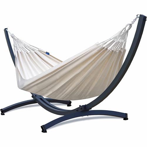 Potenza Hamaca de exterior con estructura Tytan para 2 personas, 100% algodón, hamaca doble Medelin 230 x 160 cm, 200 kg, estructura de hamaca de 350 kg, resistente a la intemperie, crema