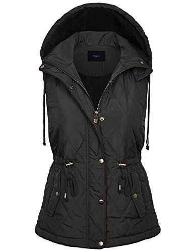 KOGMO Womens Fur Lined Lightweight Zip Up Quilted Vest with Detatachable Hood-S-Black