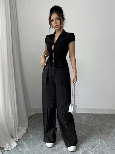 Image of Leriya Fashion Cargo Pants for Woman | Cargo Pants for Women Cotton Wide Leg Utility Fit Flap Pockets | Trousers Fors Women, Relaxed Fit Baggy Pant Airport Outfit for Womens Streetwear Attire