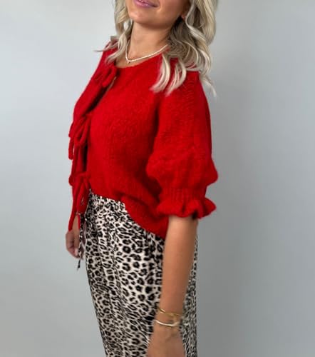 Women Trendy Bow Tie Sweater Cardigans Solid Color Puff Sleeve Loose Chunky Knited Jacket Open Front Knitwear4