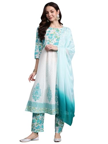 Image of INDO ERA Women's Pure Cotton Anarkali Floral Printed Kurta and Pant with Dupatta Set (KH0WH10039)