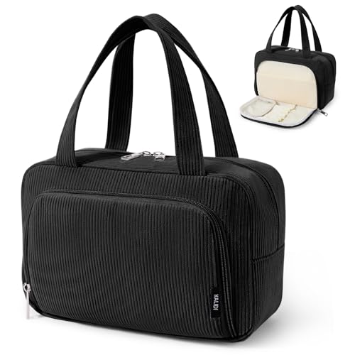 KALIDI Kosmetiktasche Damen Cord Kulturbeutel Reise Schminktasche mit Vielen FäChern & Bürstenschlitze Groß Make Up Tasche Kosmetik Organizer Waschtasche Makeup Bag für Frauen