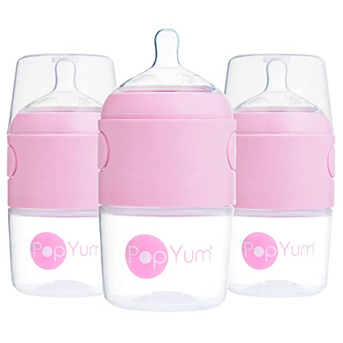 PopYum 5 oz Pink Anti-Colic Formula Making/Mixing/Dispenser Baby Bottles, 3-Pack with #1 Slow Flow Nipples, 150 ml, BPA-Free, Natural Latch