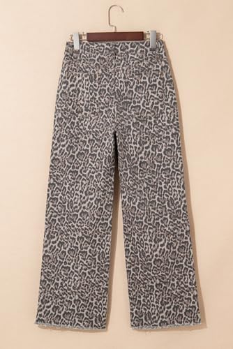 Women's High Waist Brown Leopard Frayed Edge Wide Leg Jeans4