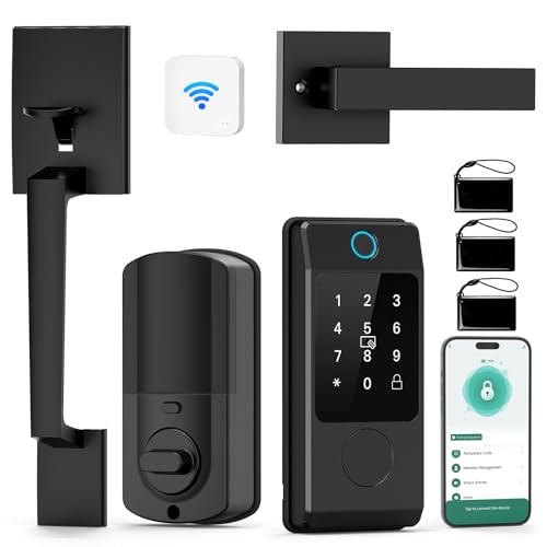 Smart WiFi front door lock set with keyless entry, digital keypad, smartphone app integration, and additional accessories for enhanced home security and convenience.