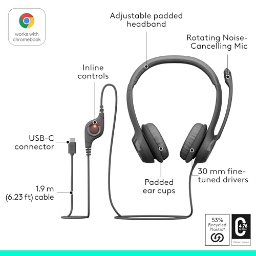 Image of Logitech H390 Type-C Wired Headset for PC /Laptop, Stereo Headphones with Noise Cancelling Microphone, USB-C, in-Line Controls, Works with Chromebook - Graphite