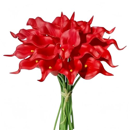 FUANA 10 flores artificiales de lirio de cala de poliuretano, 35 cm de alto con tallos flexibles, ramos de boda, decoración del hogar y centros de mesa, color rojo