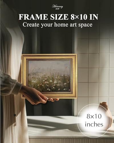 Image of HUARCEY Gold Framed Vintage Wall Art for Living Room Wildflower Field Landscape Decor Aesthetic Mother Day Gift for Mom Oil Painting Flower Wall Print Floral Pictures Canvas Artwork Shelf Decor 8x10in