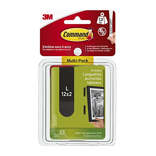 Command Lot de 24 bandes adhésives, 12 x 2 cm, taille L, noires – Pour accrocher des photos sans perçage, les bandes supportent jusqu'à 7,2 kg, se...