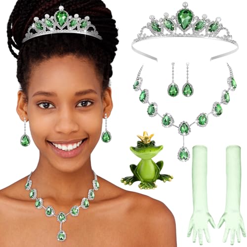 Tondiamo 5 Pcs Princess Dress up Accessory Set Woman Green Jewelry Gift for Halloween Princess Costume Cosplay Birthday Party(Fresh,Green)