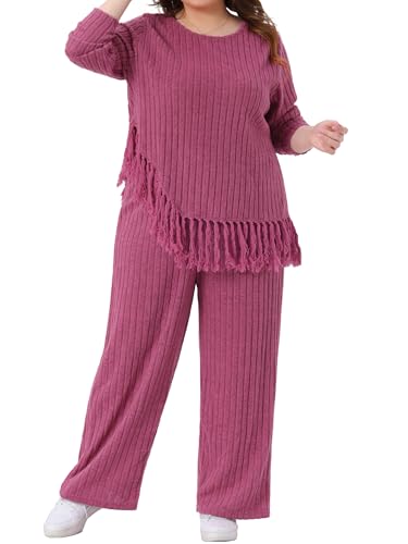 Agnes Orinda Plus Size 2 Piece Lounge Set for Women Crew Neck Long Sleeve Asymmetrical Fringe Hem Casual Outfits