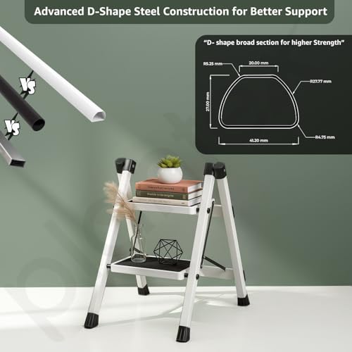 Image of Plantex 2 Step Ladder for Home Use /Wide Anti-Slip Heavy-Duty Step Stool /Lightweight Kitchen Ladder (White)