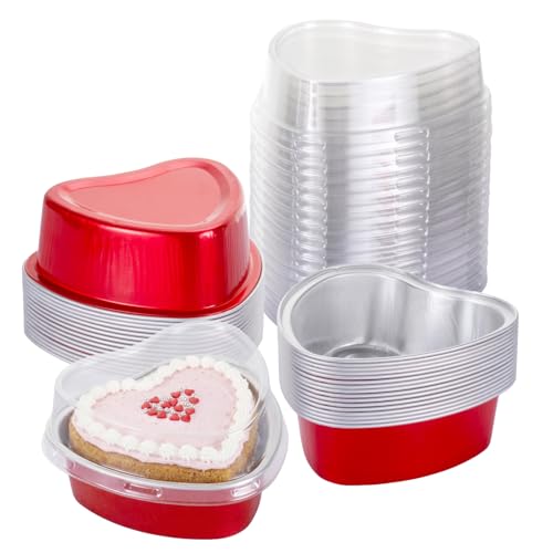 LepoHome 30 Set Heart Shaped Cake Pans with Lids - 3.4oz/100ml Mini Disposable Aluminum Foil Cupcake Containers for Baking - Valentines Day Wedding Flan Creme Brulee & Brownie Containers (Red)