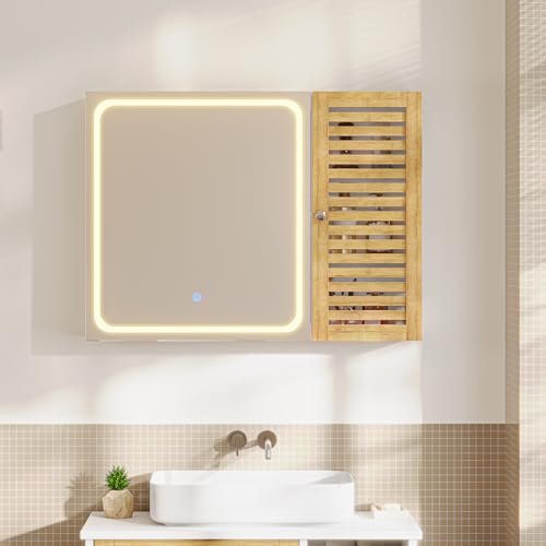 FORABAMB Badezimmerschrank mit Beleuchtung, 80×60×16cm, Badezimmer spiegelschrank mit 6 Ablagefächern, 4 verstellbare Ablagen, Spiegelschrank Bad mit Bambustür, Berührung Sensorschalter, Modern,Weiß