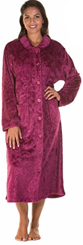 (10 / 12, Dark Rose) - Ladies Luxury Soft Feel Embossed Button Front Long Gown Robe Wrap Small to Plus Sizes UK 10-24 Cover