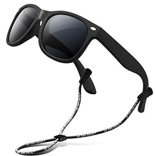 RIVBOS Kids Sunglasses Boys&girls with Strap Polarized Rubber Flexible Shades for Toddler and Children Age 3-10 RBK004-2 Black