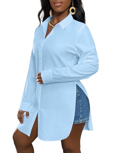 Image of LYANER Women's Collar Neck Long Sleeve Button Down Shirts Sexy Split Hem Tops Long Blouse Shirt Dress
