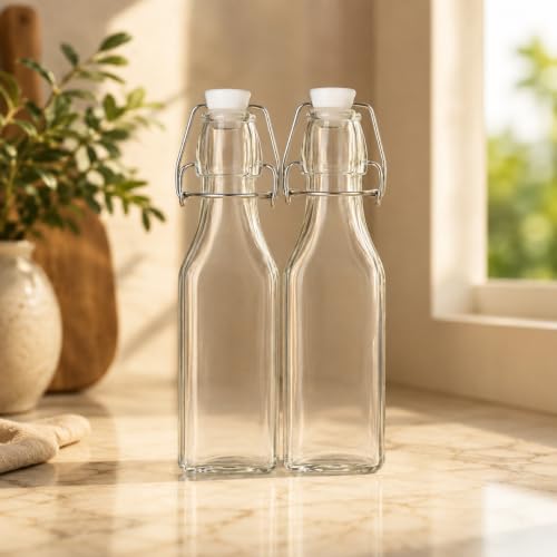 Image of Clear Glass Bottles with Airtight Swing Top Lids - Leakproof Reusable Glass Jars for Juice, Oil, Water, Milk, Kombucha, Vinegar, Beverages - Square, Pack of 2