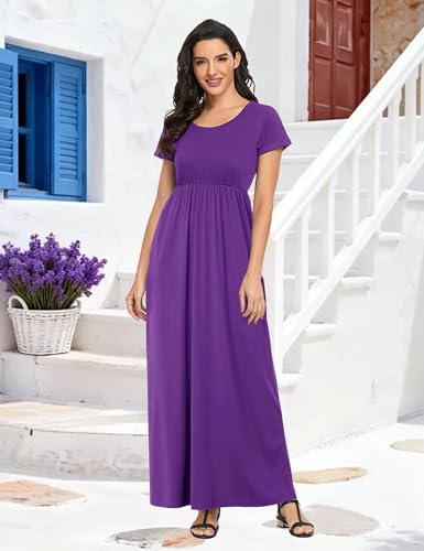 Image of Lacavocor Womens Short Sleeve Maxi Dresses Empire Waist Long Dress