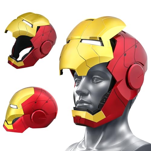 Red and Gold Motorized Iron helmet with eyes glow touch control and SoundEffects for Cosplay Costume Party Collectible Display cool stuff amazing hot toys for Adult gifts for age 12+years old