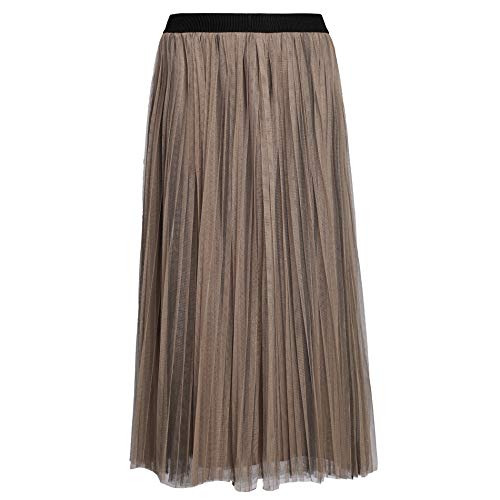PYW Womens Long Pleated Tulle Skirt A Line Elastic Waist Mesh Tulle Midi Skirt (Coffee,L)