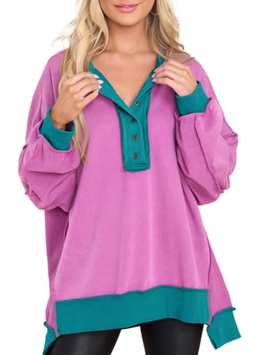 Alvaq Women Sweatshirt Trendy Fall Winter Casual Colorblock Long Sleeve Henley V Neck Button Oversized Sweatshirts High Low Hem Tunic Tops Purple 2Xl cover