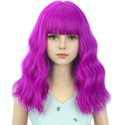 Image of Purple Red Wig Short Magenta Wavy Curly Wigs Magenta Wig with Air Bangs Synthetic Cosplay Hair Wigs